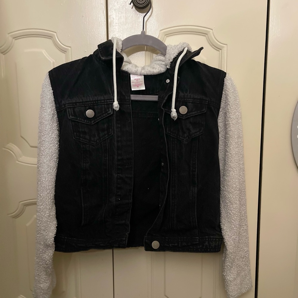 No Boundaries Black and White Hooded Denim Jacket with teddy sleeves